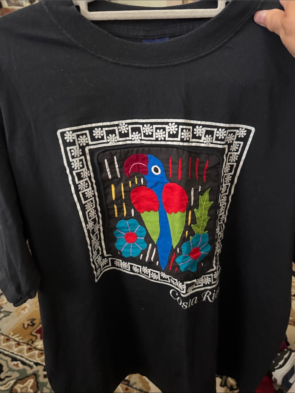 Black T-shirt with Colorful Parrot Graphic